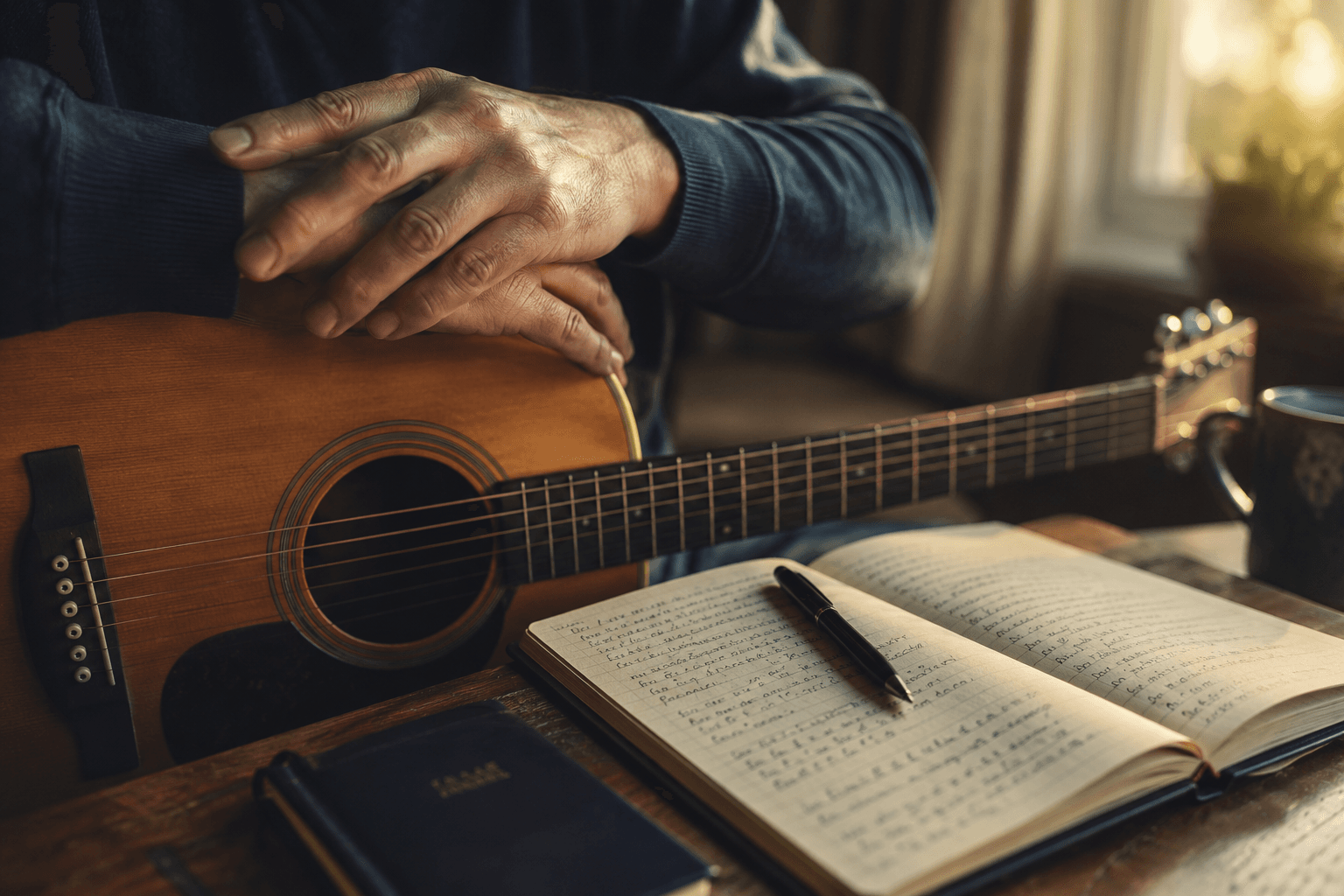 Rutger schrijft aan een songtekst, met gitaar en notitieboek